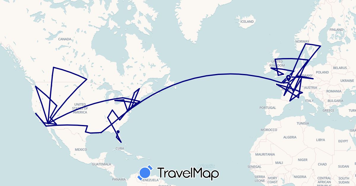 TravelMap itinerary: driving in Canada, Czech Republic, Germany, Denmark, France, United Kingdom, Ireland, Italy, Netherlands, Norway, Sweden, United States (Europe, North America)
