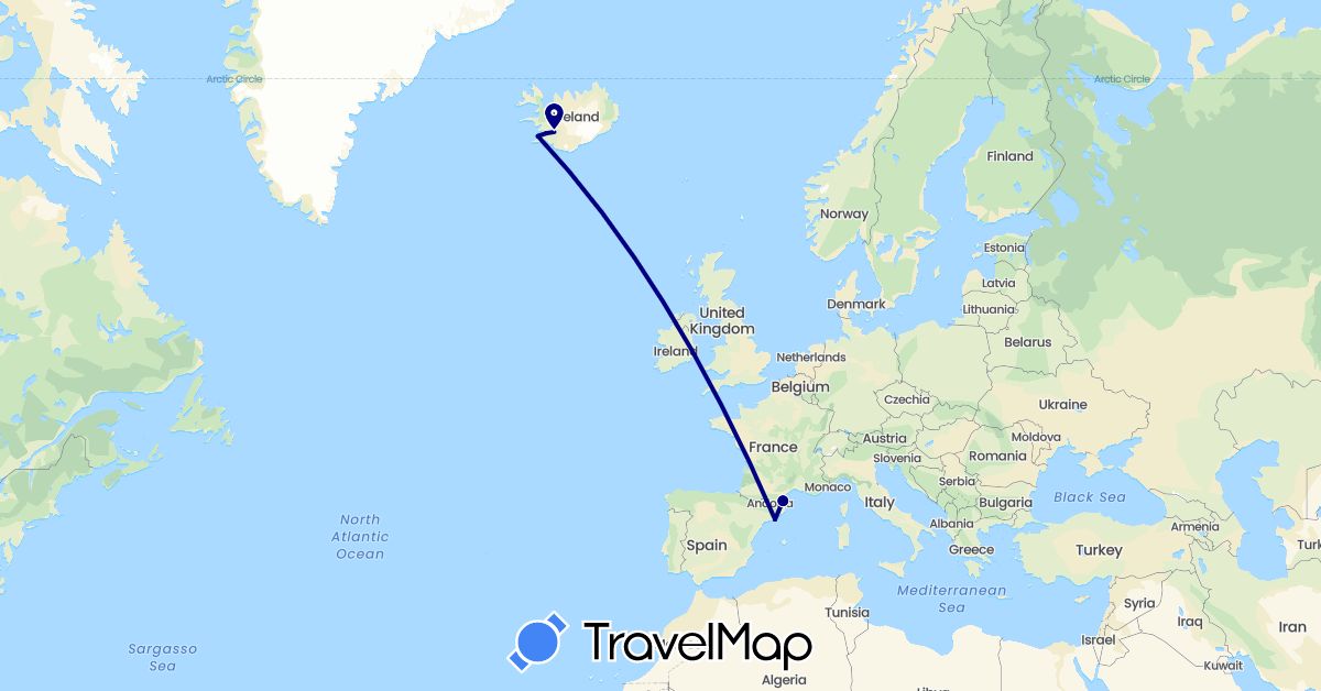 TravelMap itinerary: driving in Spain, France, Iceland (Europe)